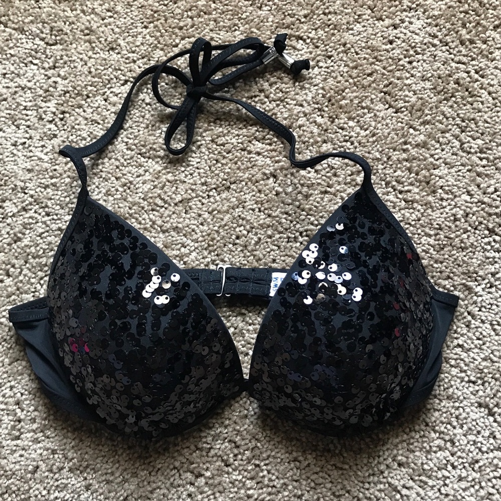PINK Victoria's Secret Black Sequin Halter Bikini Top, XS